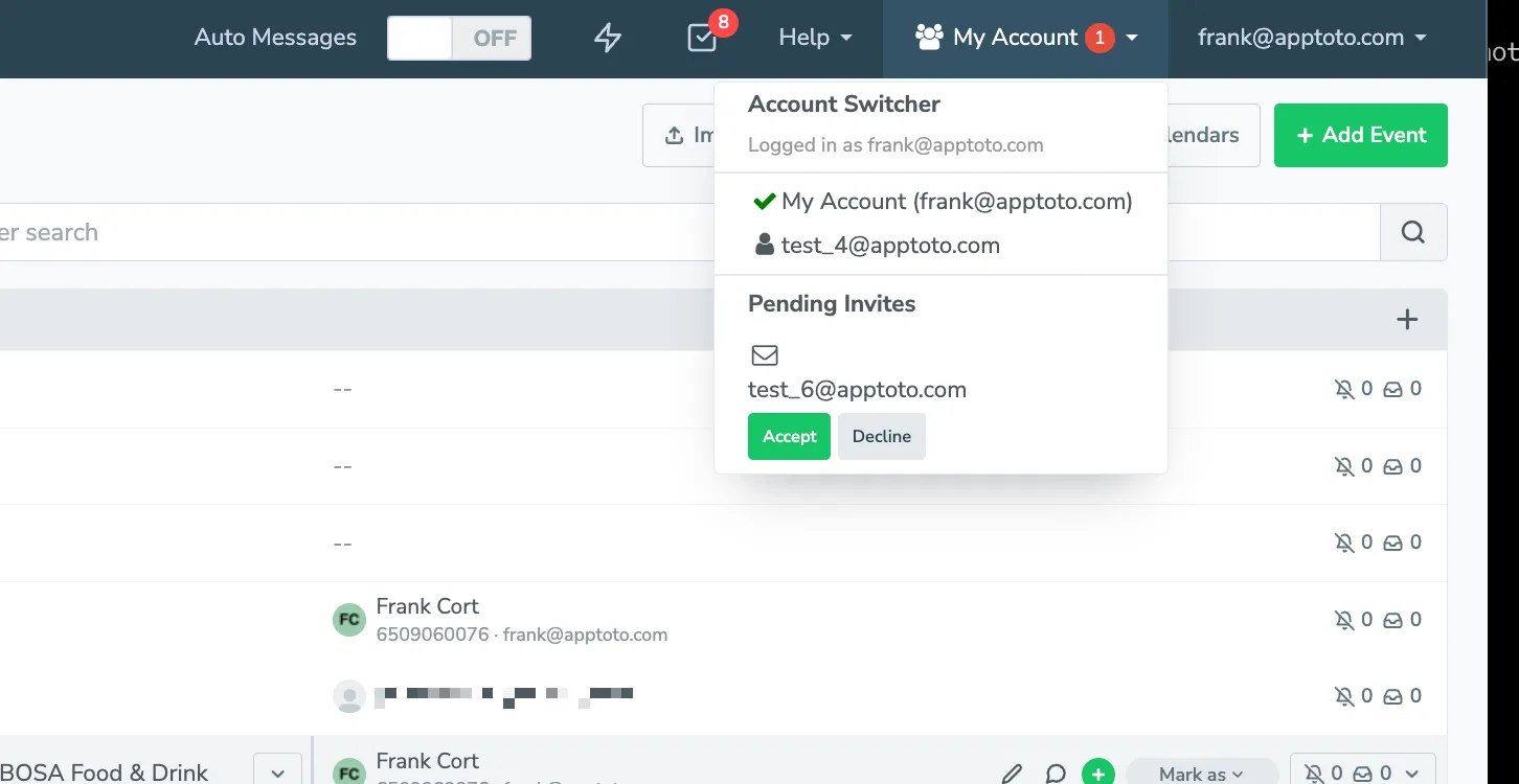 The Account Switcher dropdown lists every account you have access to and shows pending invites with Accept and Decline buttons.