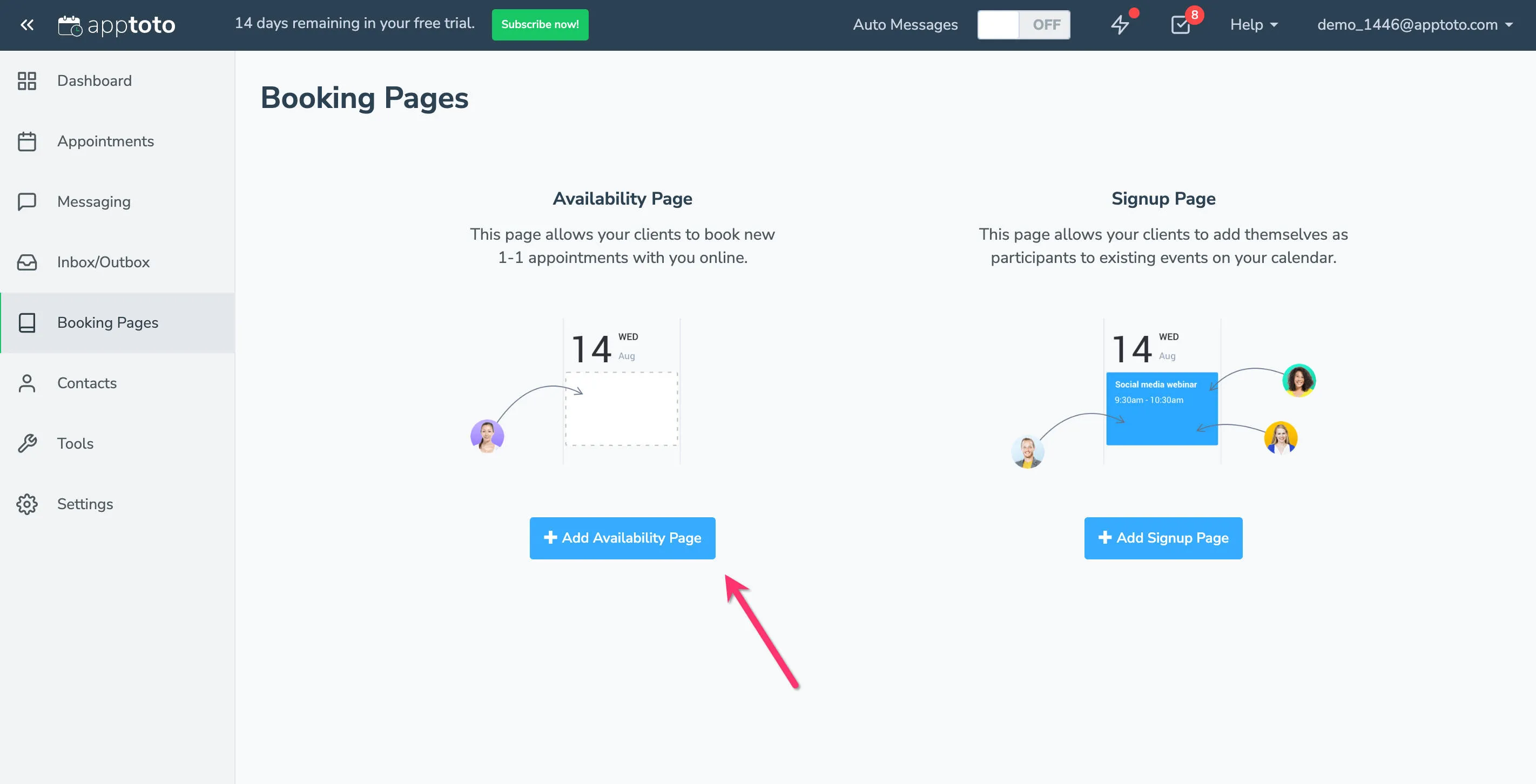 To create an availability page click Booking Pages > +Add Availability Page