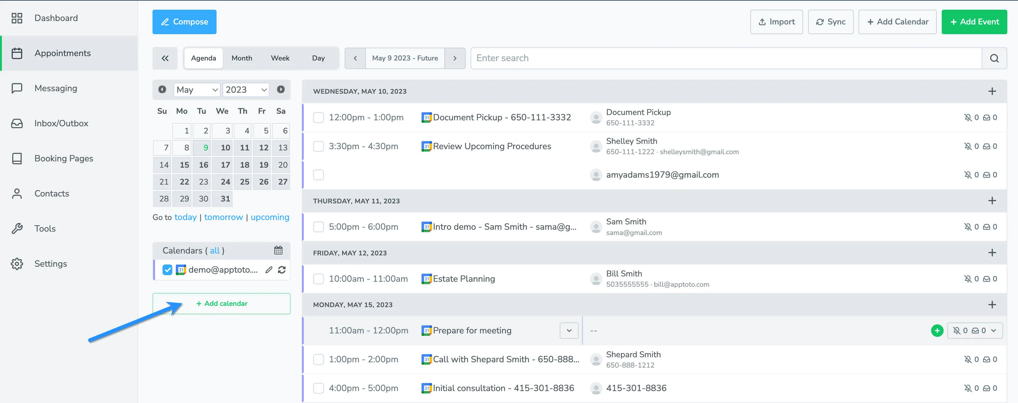 Apptoto appointments tab displaying + Add Calendar button in left-hand navigation