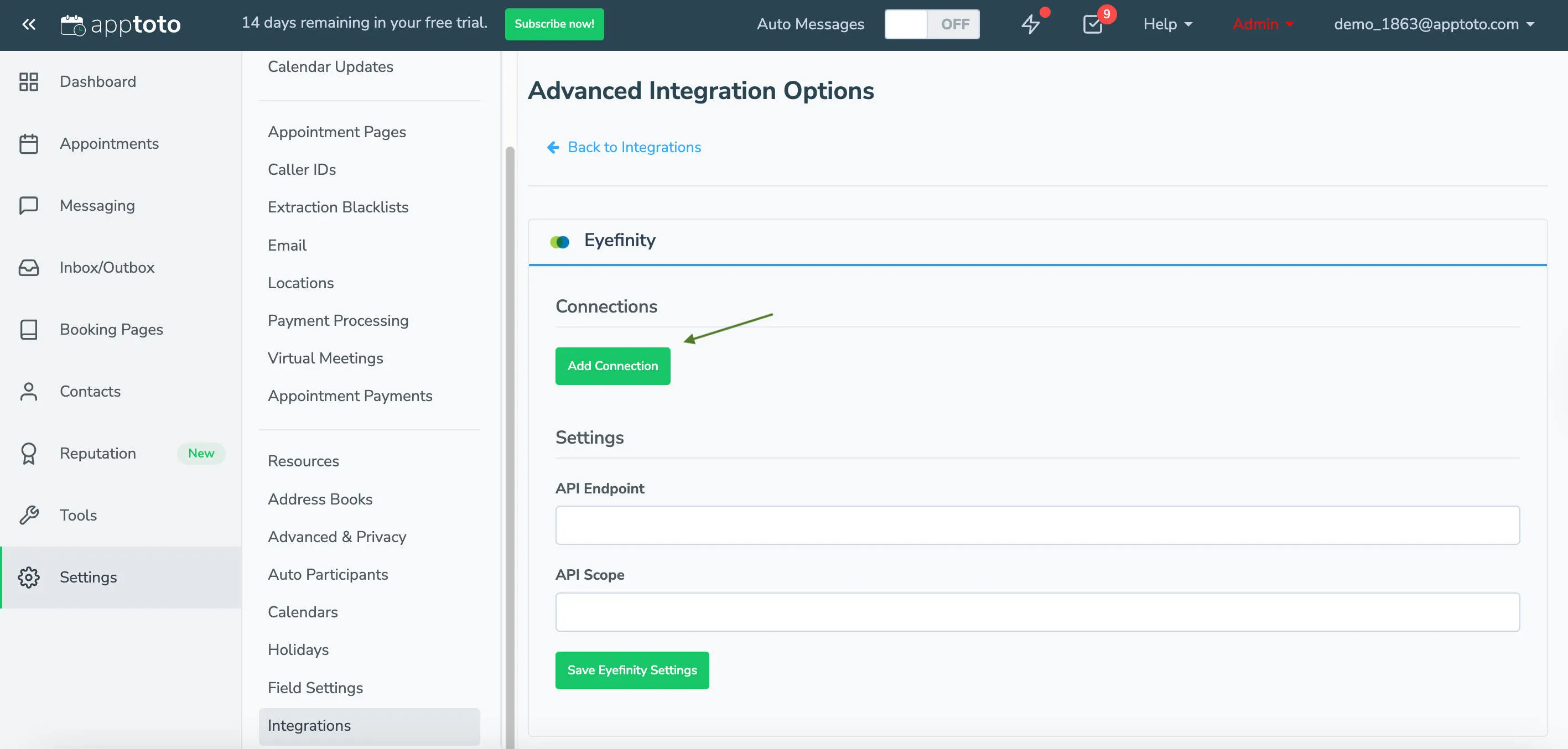 Click "Add Connection" to add your Eyefinity credentials and sync Eyefinity to Apptoto
