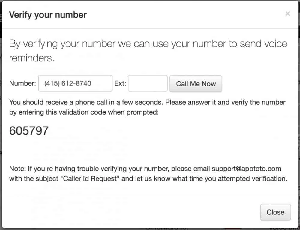 Apptoto verify your number form