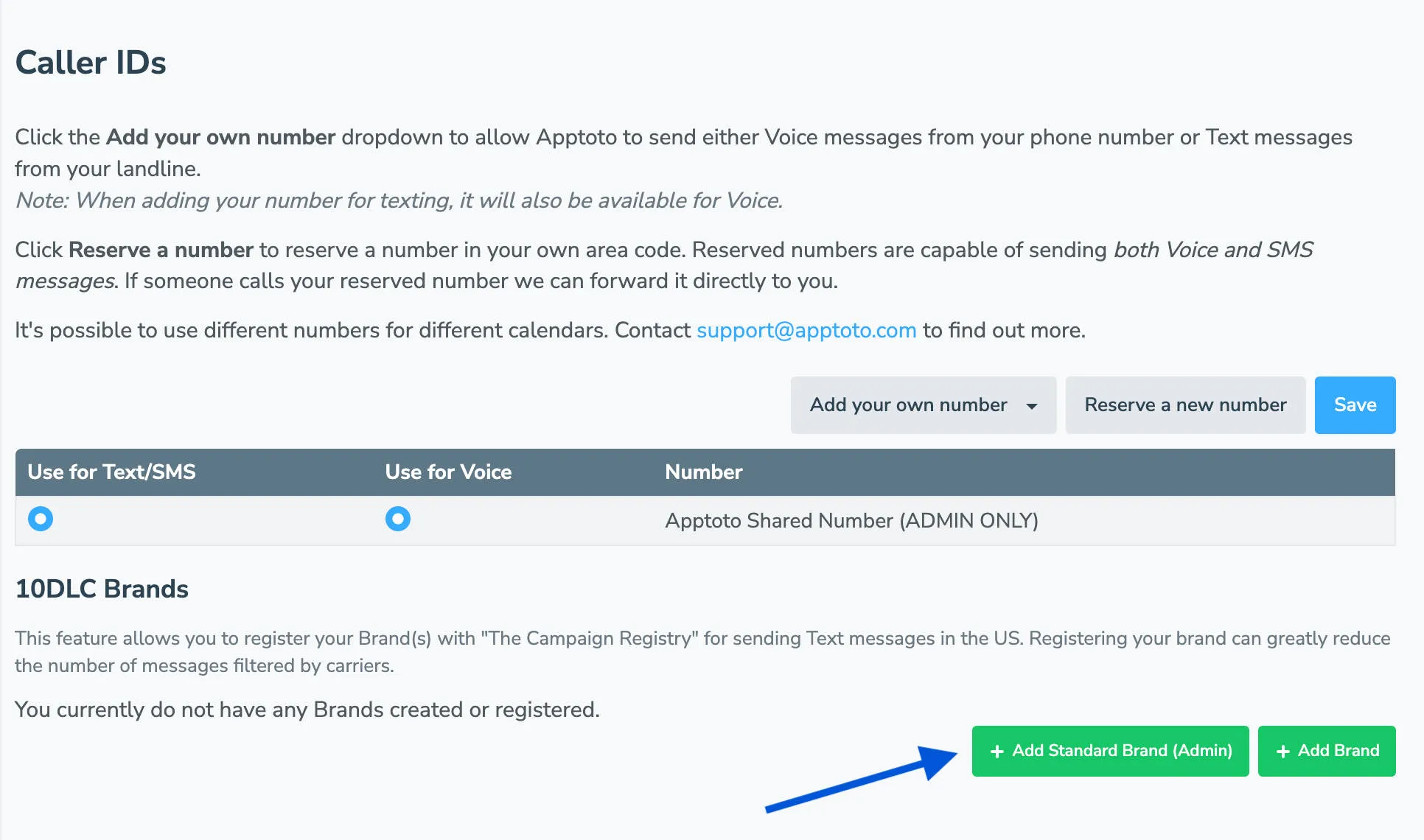 Select +Add Standard Brand (Admin) to register your phone number by filling out a form with business information.