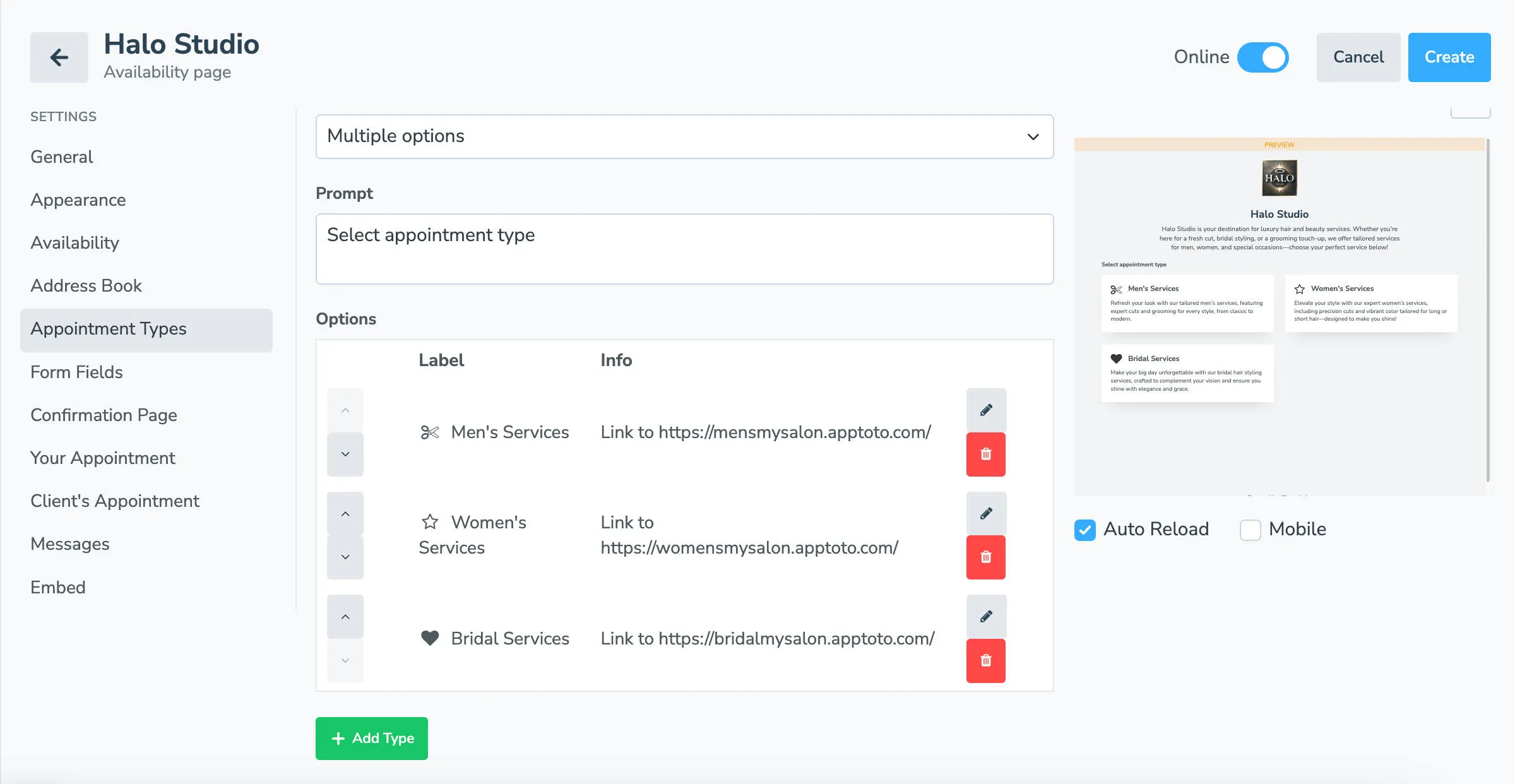 Add all appointment types you want to the main booking page