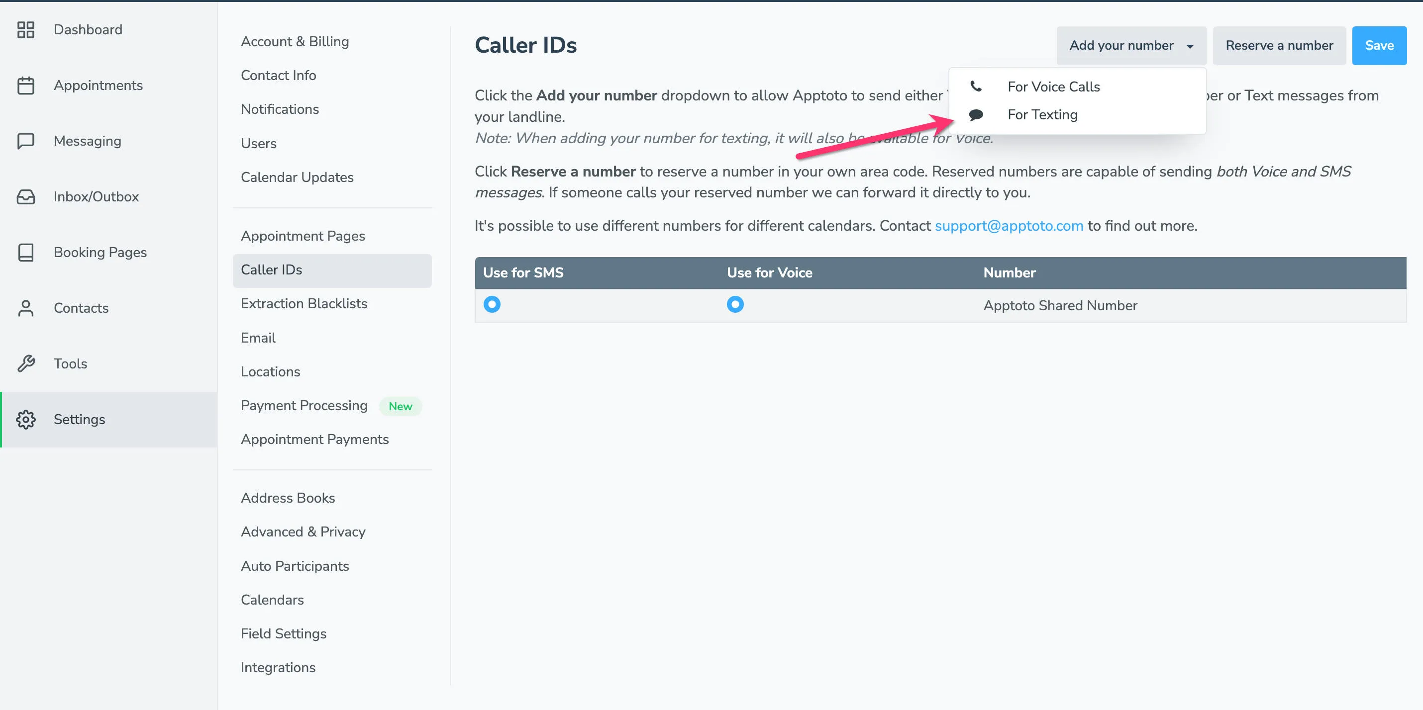 Apptoto's Caller IDs page, showing options to add your number for voice calls or texting