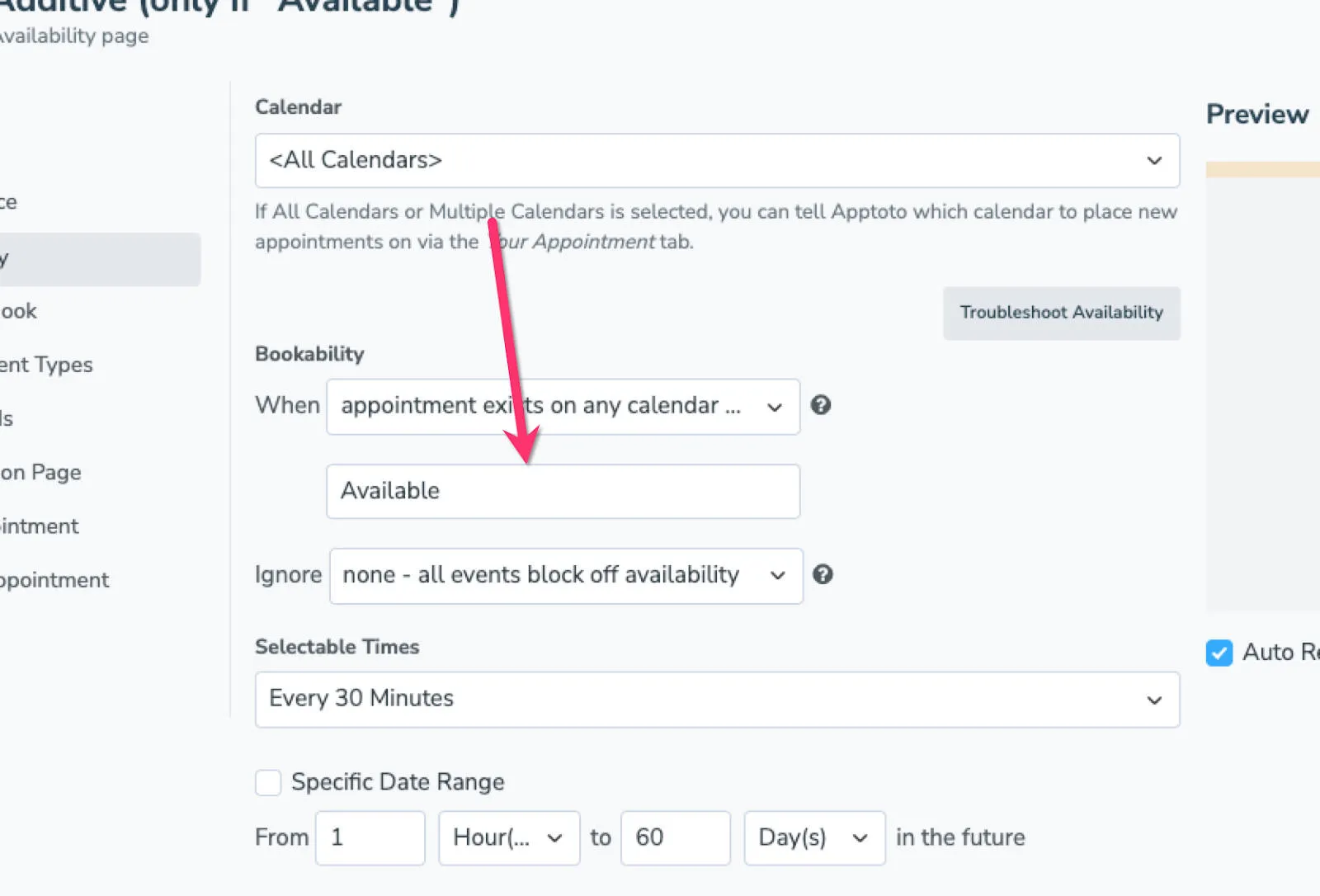 Apptoto bookability setting requiring "Available" appointment block on all synced calendars