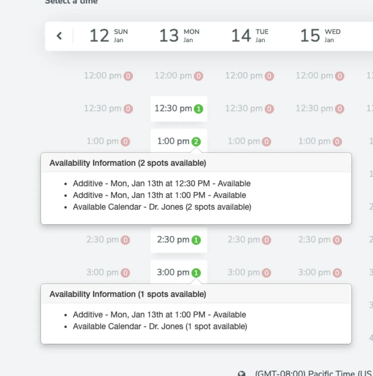 Calendar showing 2 spots available because both synced calendars have "Available" time slots.