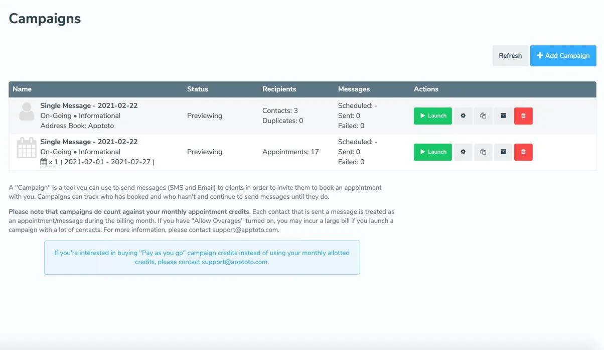 Apptoto Campaigns tab displaying an active address book campaign and an active calendar campaign