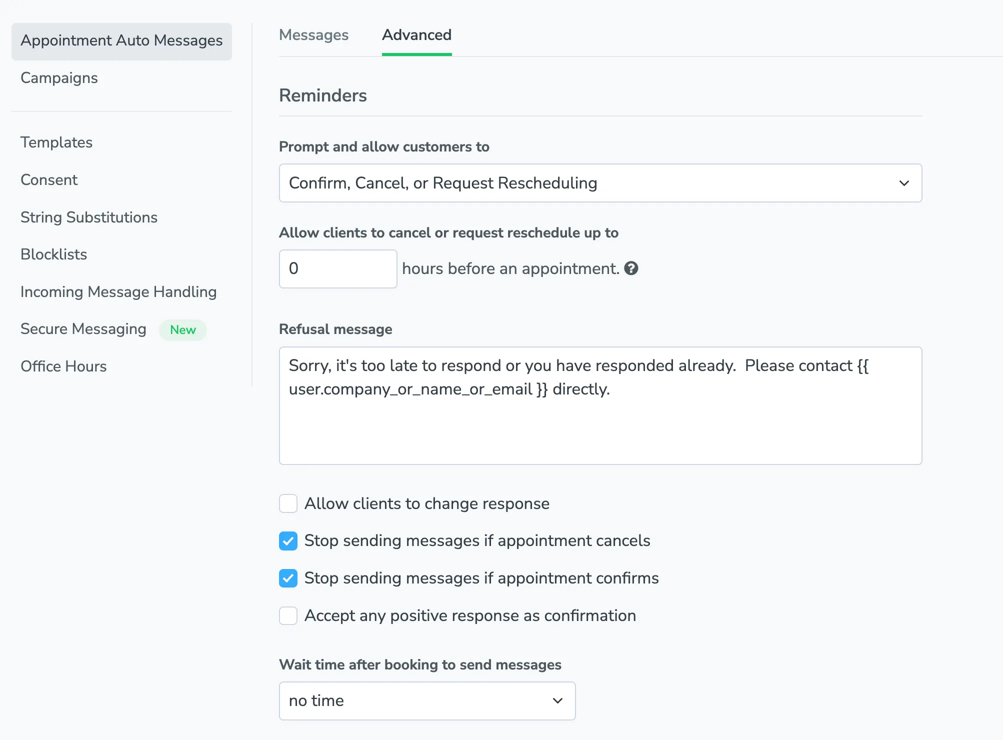 Apptoto's advanced auto messages settings form.