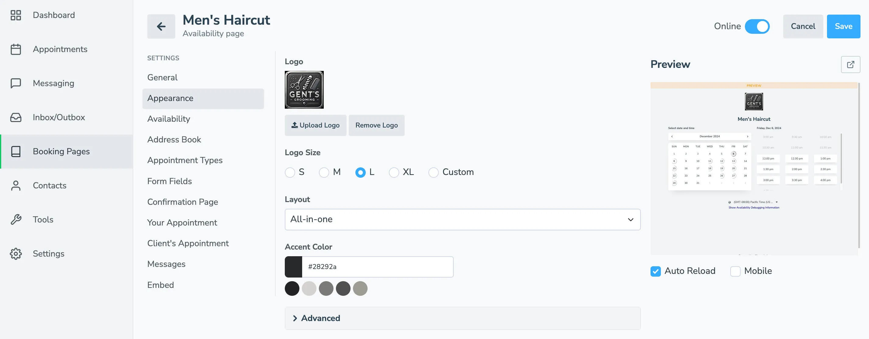 Use the appearance tab to set booking pages' branding and logo