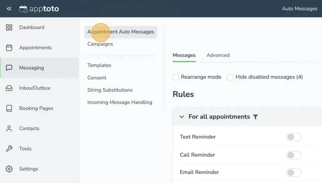 Highlighted Appointment Auto Messages tab in Apptoto platform
