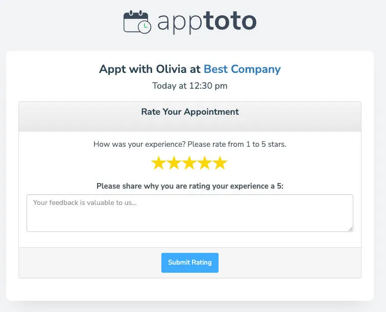 An appointment review screen with a 5-star rating, inviting the client to leave additional feedback.