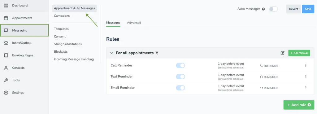 Appointment auto messages tab in Apptoto