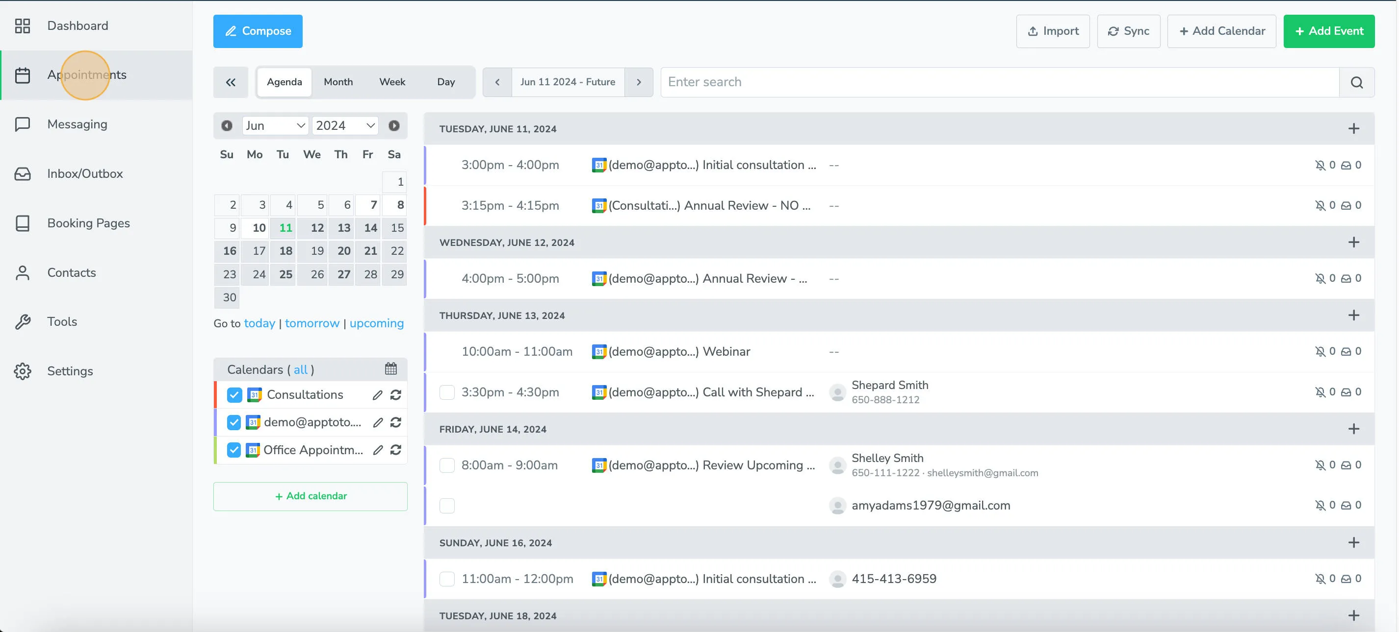 Apptoto platform displaying appointments tab where business can see upcoming appointments