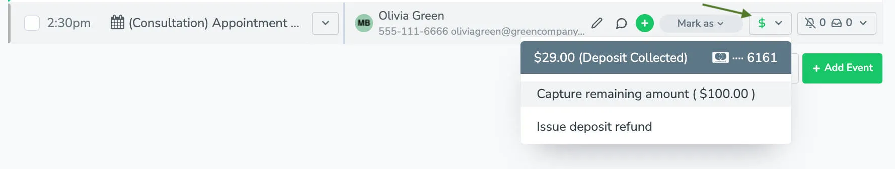 Collect remaining balance for an appointment or issue a refund via the menu for an individual participant on the Appointments tab.