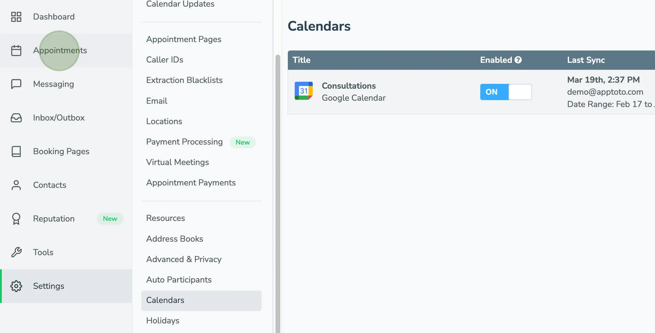 Appointments tab showing synced calendars