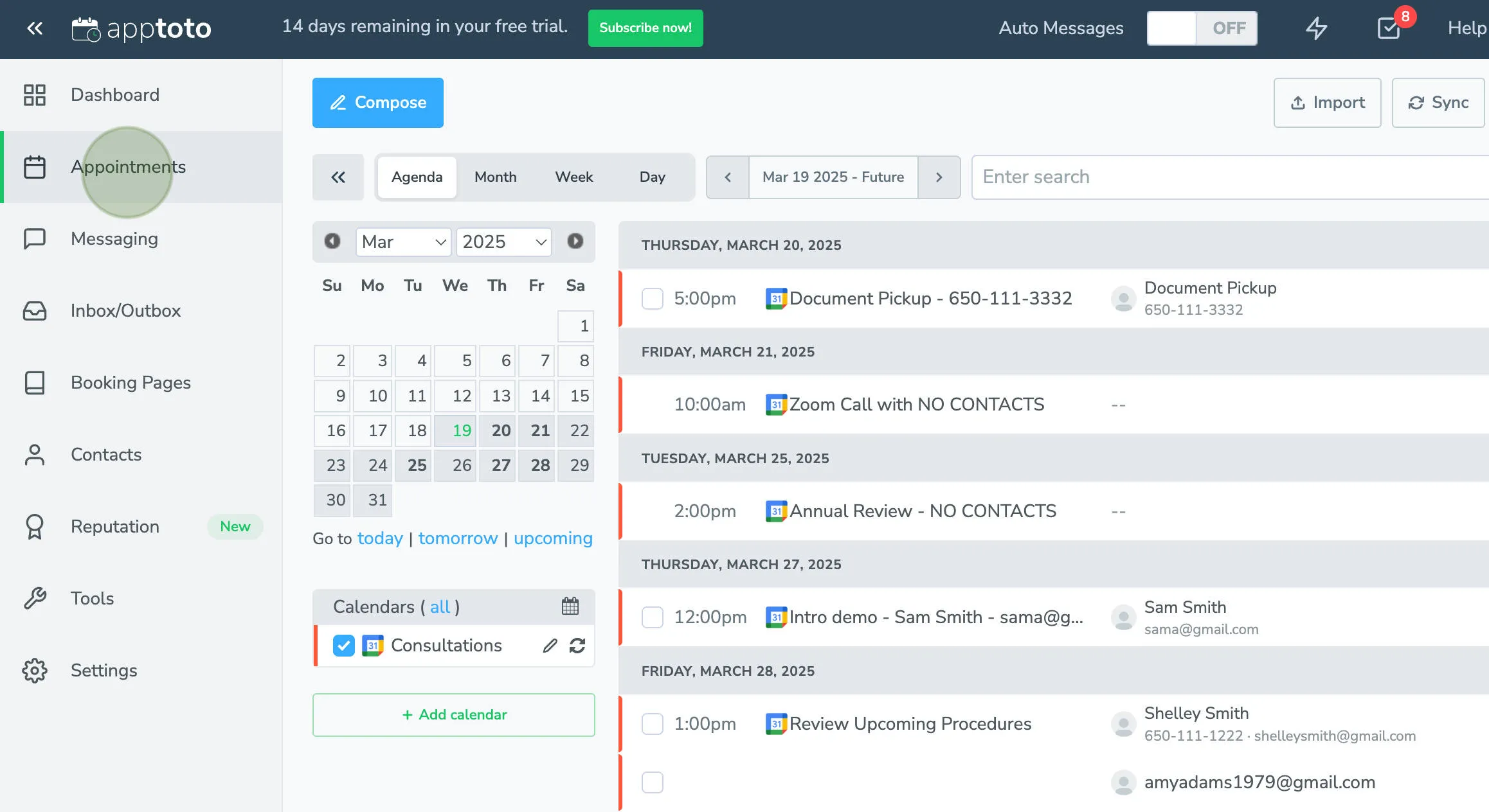 Appointments tab in the Apptoto platform