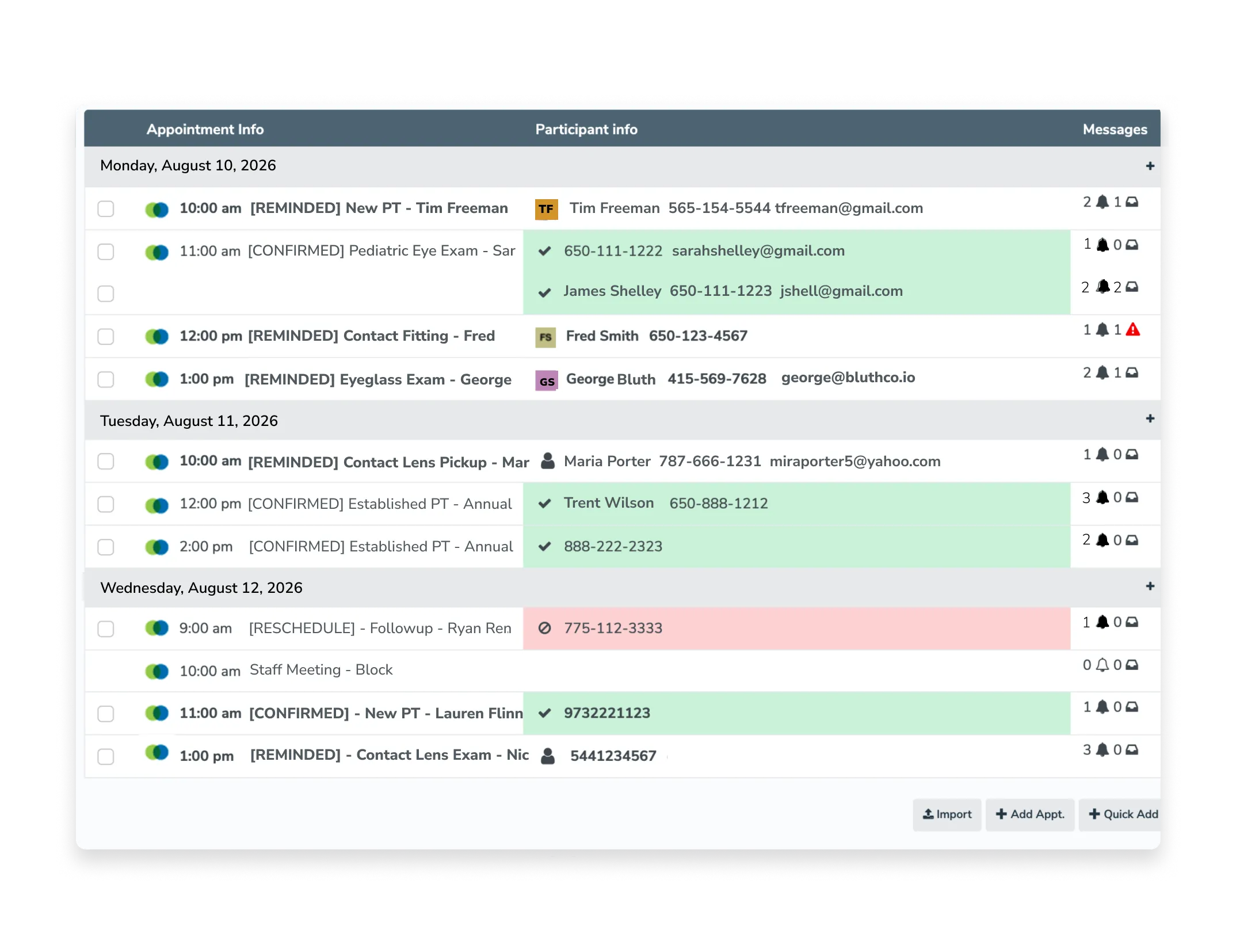 Apptoto appointments tab showing upcoming eyefinity appointments with patients and their statuses and reminder count