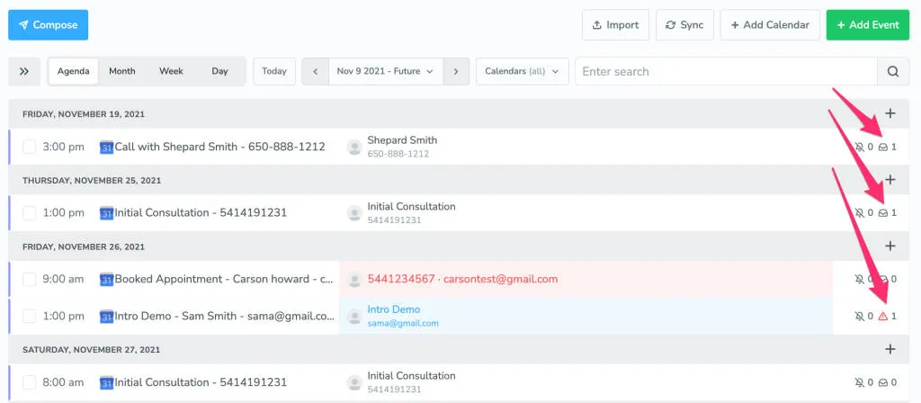 Apptoto appointments tab displaying how many messages have been sent to each appointment invitee