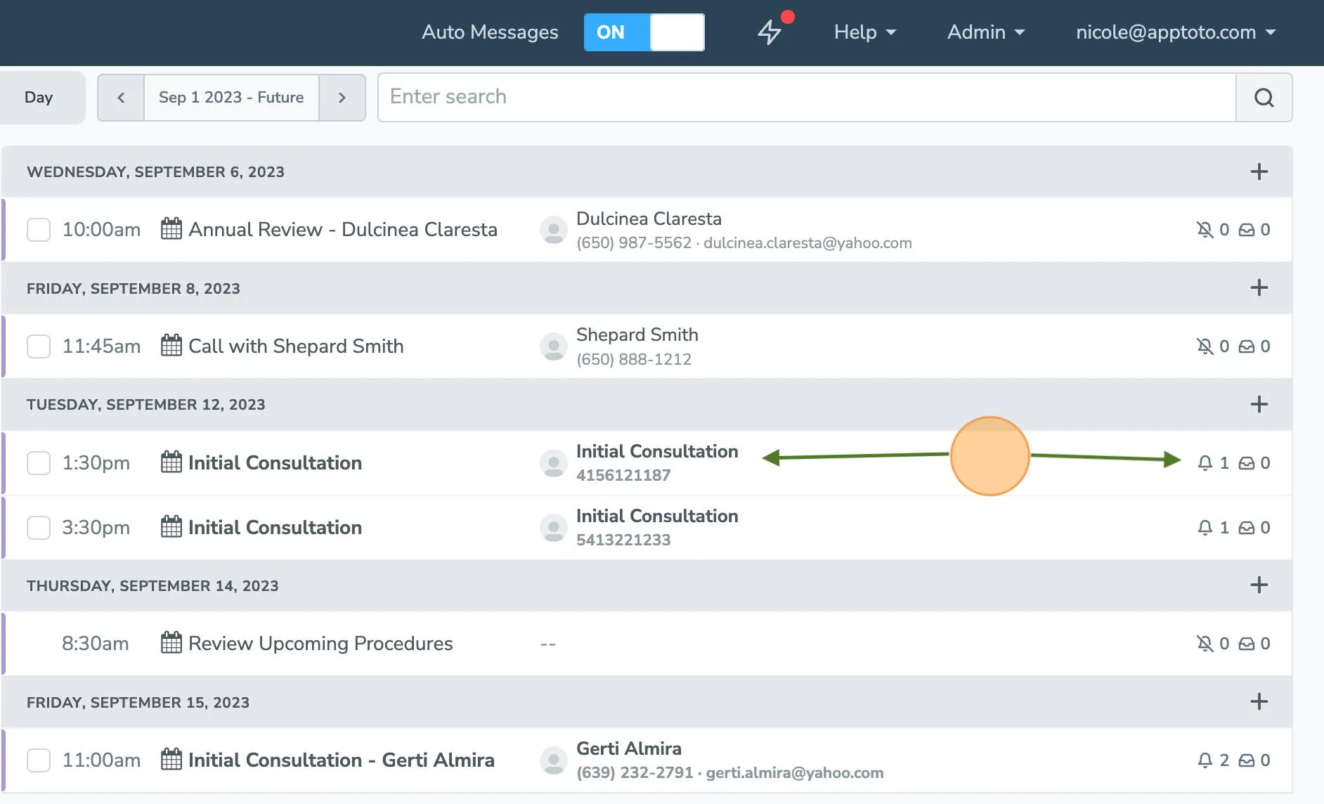 Auto messages enabled in Apptoto