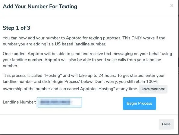 Caller ID hosted number form step 1, requiring your business's landline number