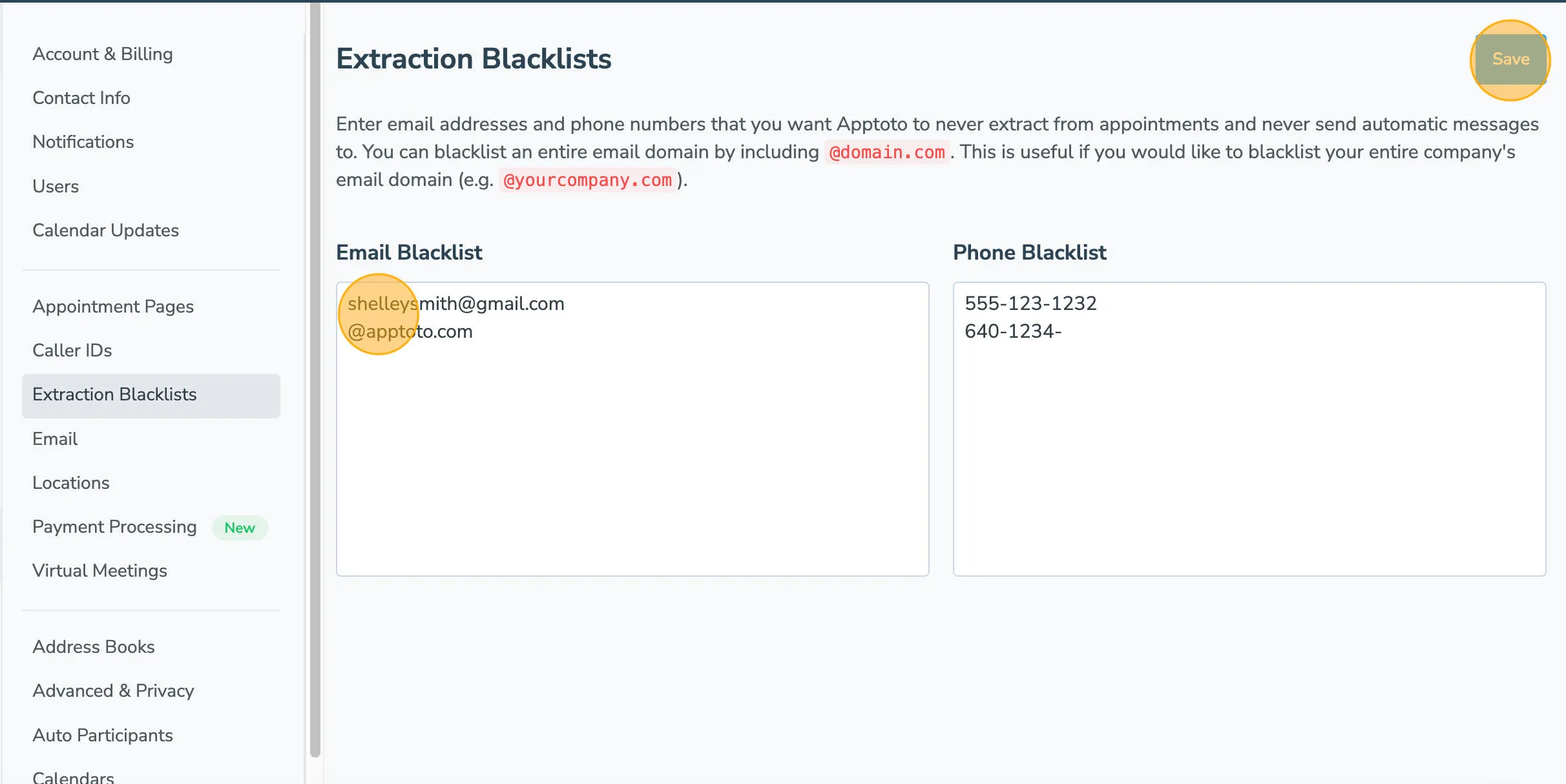 Blacklist page in Apptoto with emails and phone numbers entered