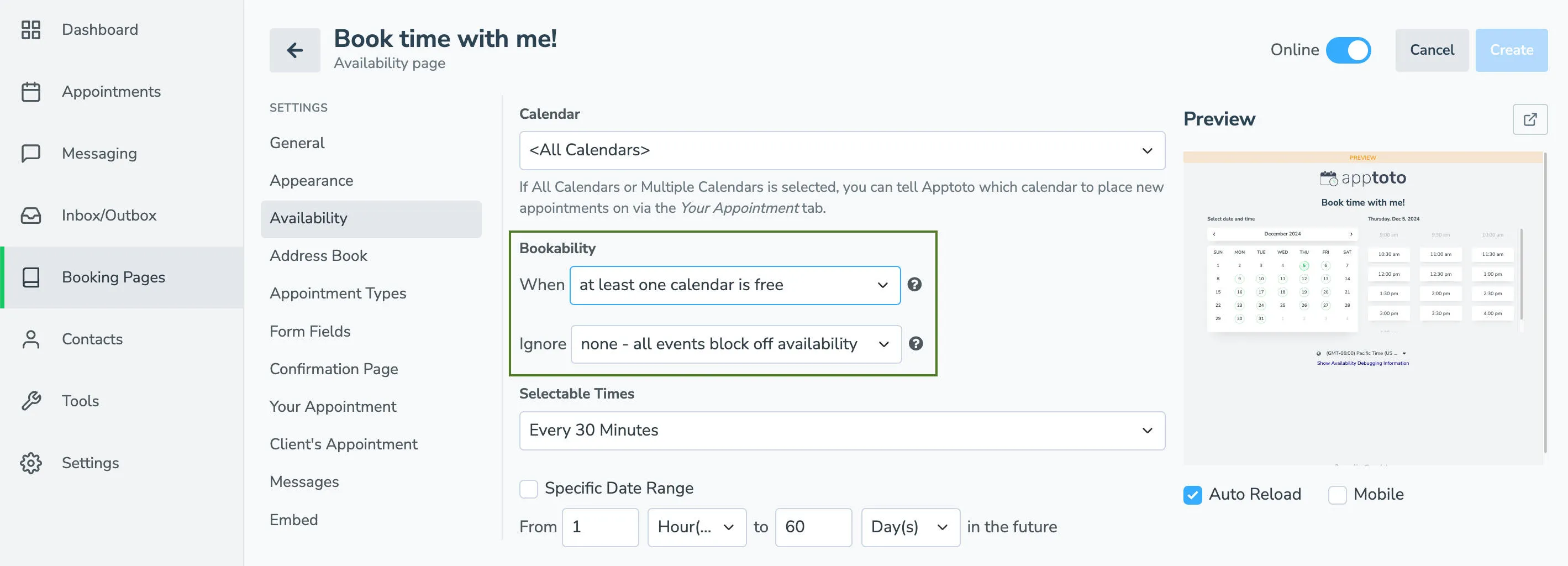 Bookability WHEN and IGNORE settings