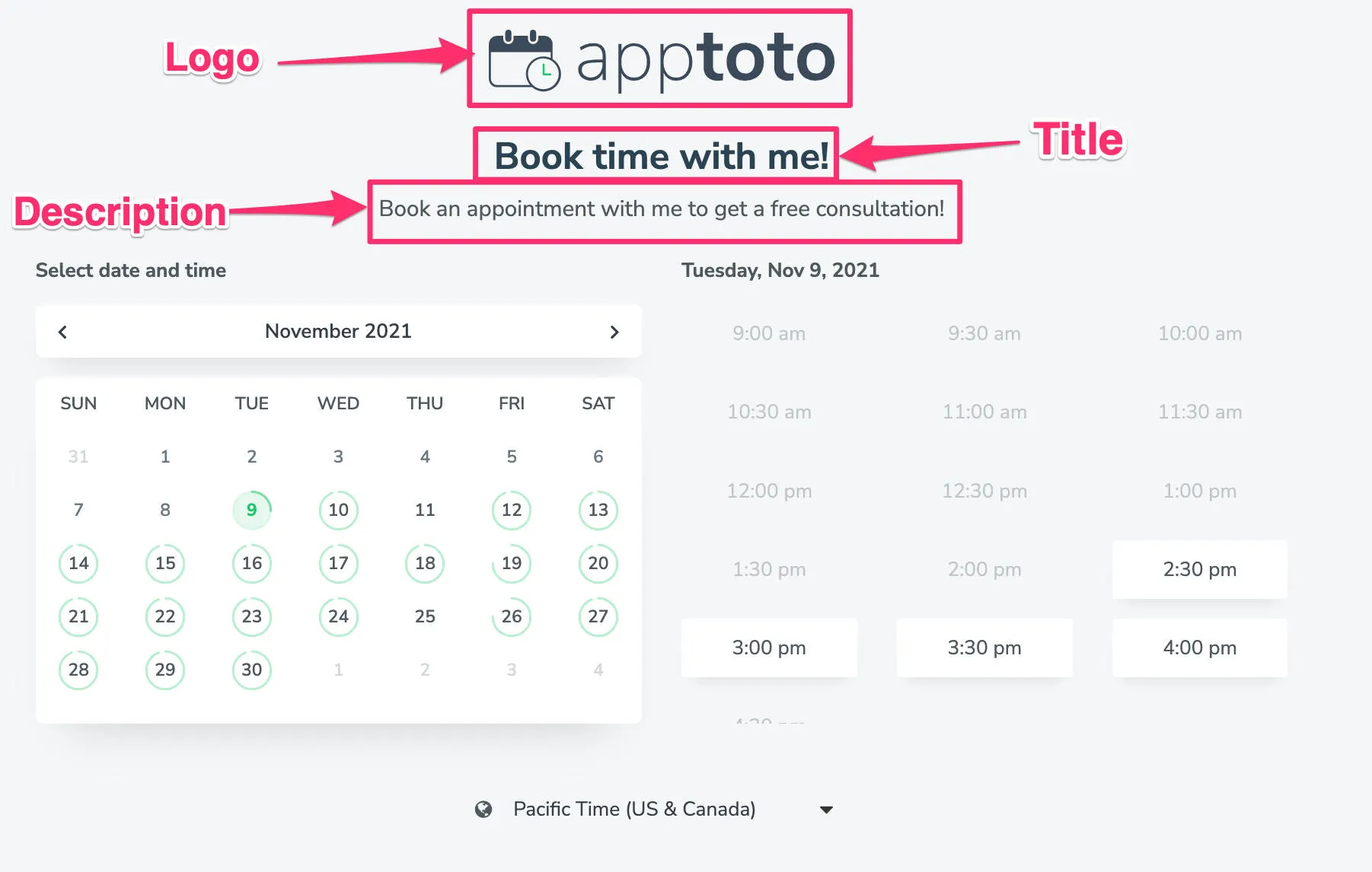Use "Preview" to view your booking page including your logo, booking page title, and description