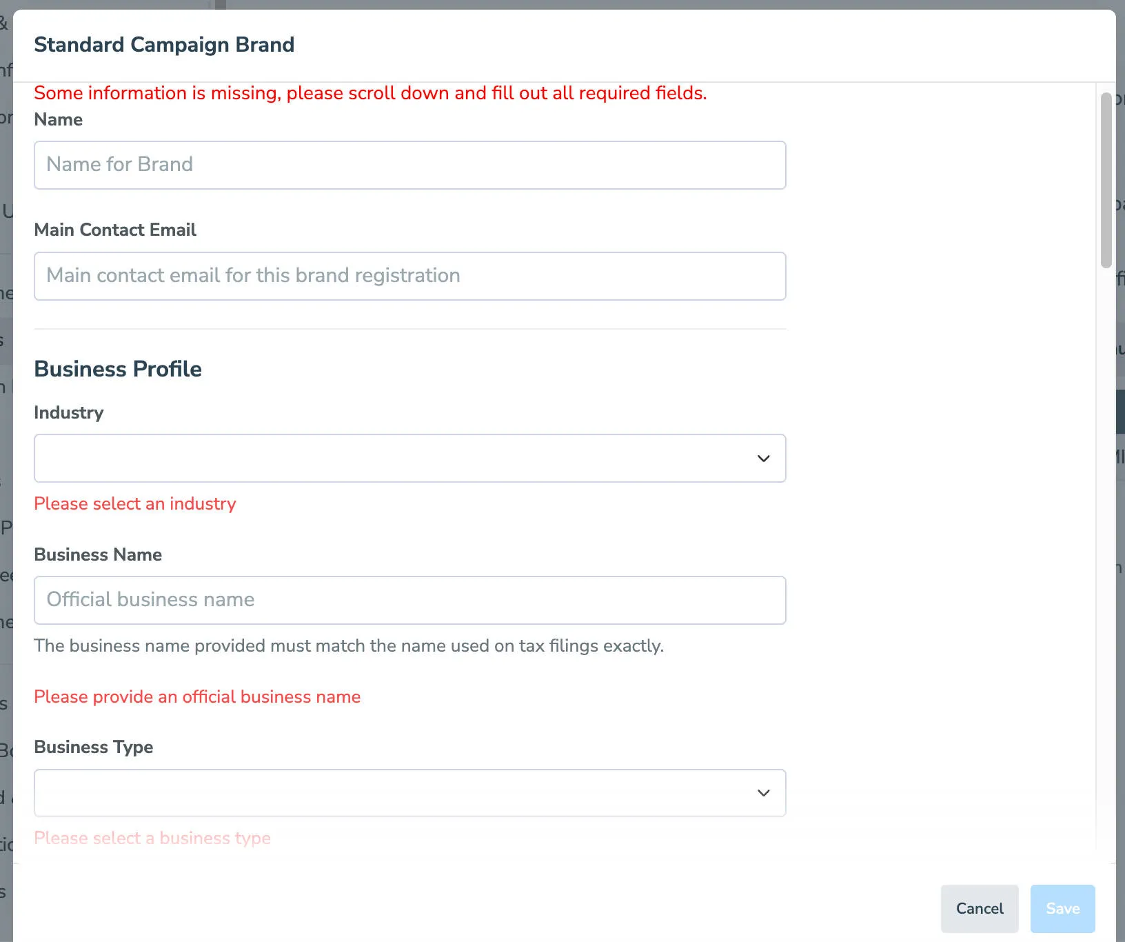 Standard information requested regarding business for 10 DLC registration.