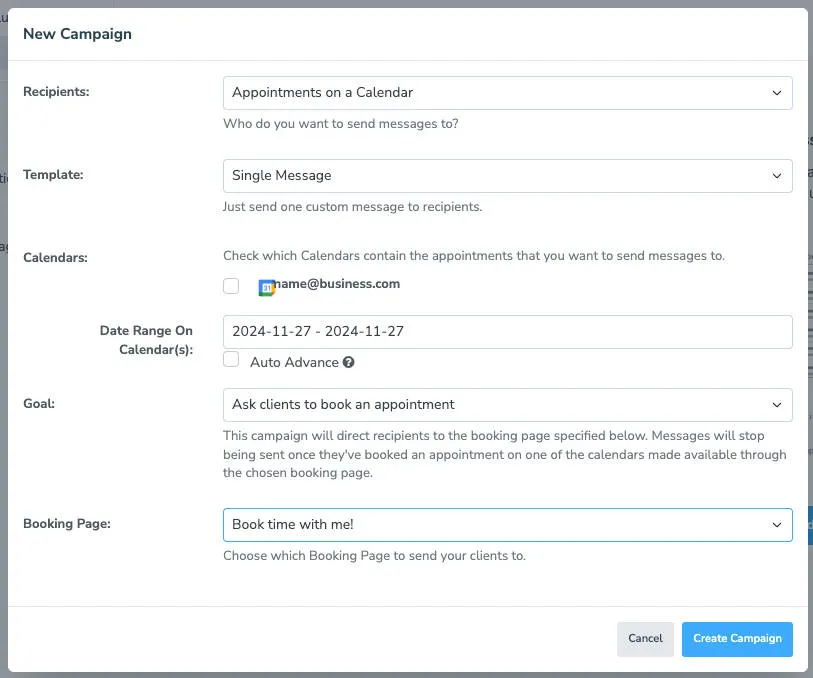 Set parameters of calendar campaign such as date range, synced calendars, and message template