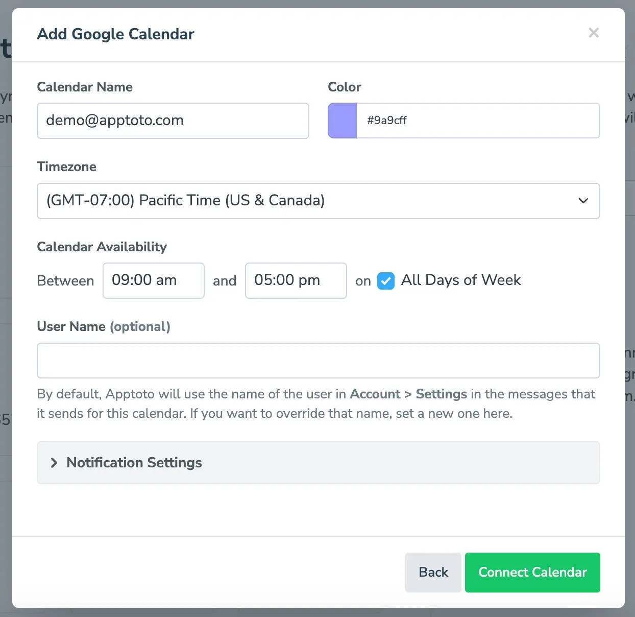 Calendar configuration form