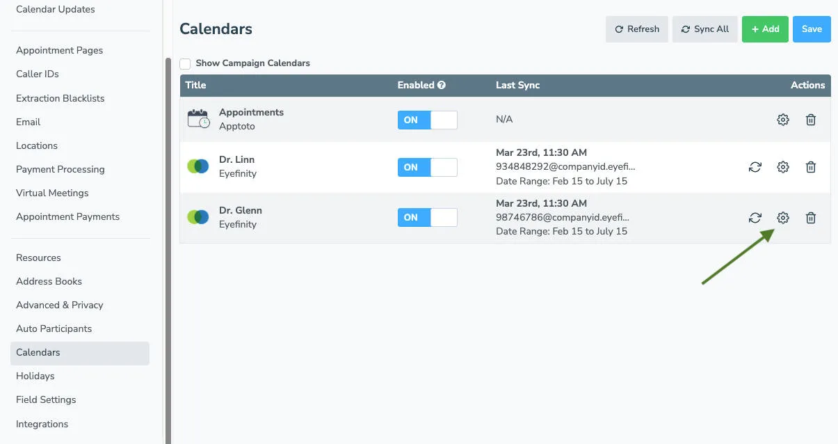 Edit eyefinity calendar settings in Apptoto via the Calendars tab, then gear icon