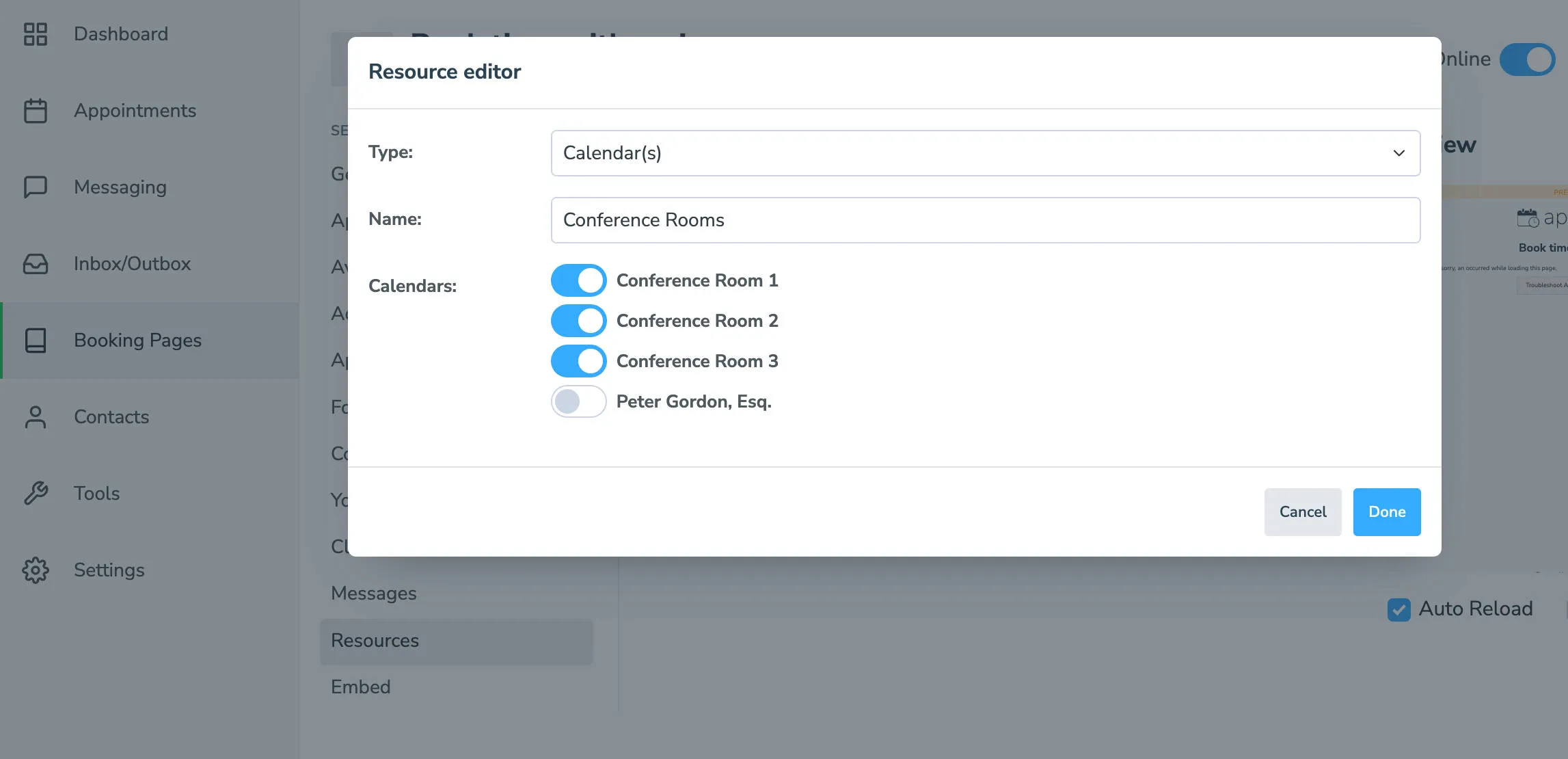 Add a calendar resource at the booking page level