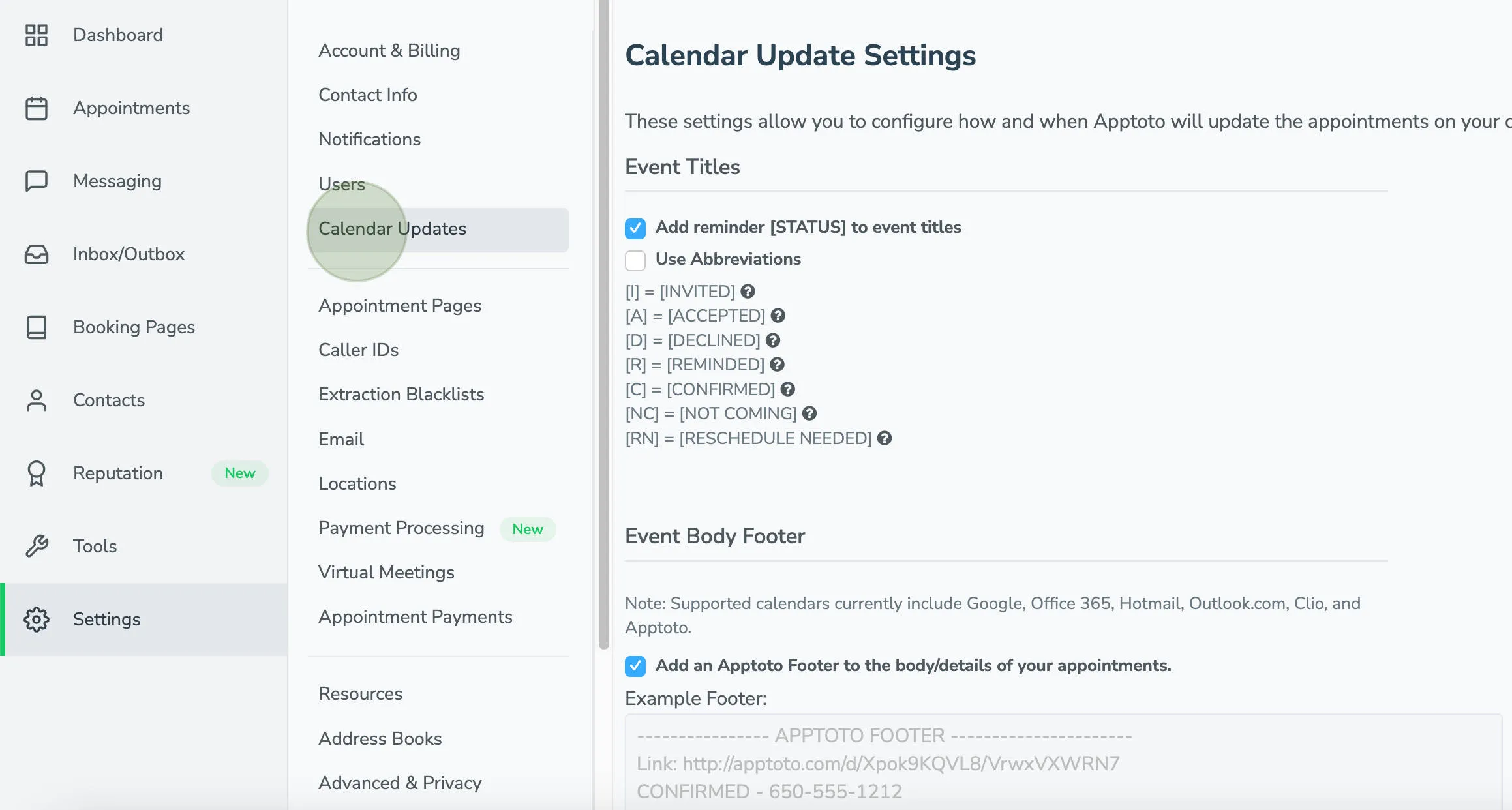 Calendar Updates tab in Apptoto platform