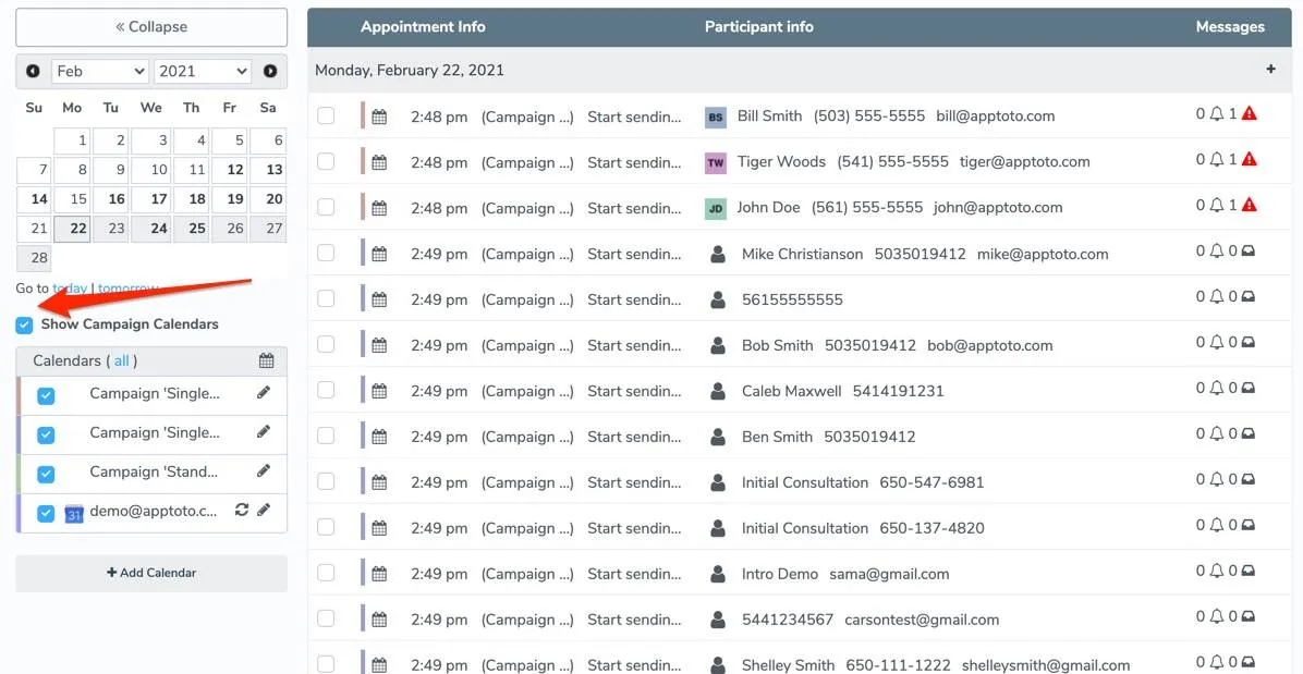 show campaign calendars on Appointment View to see scheduled campaign message