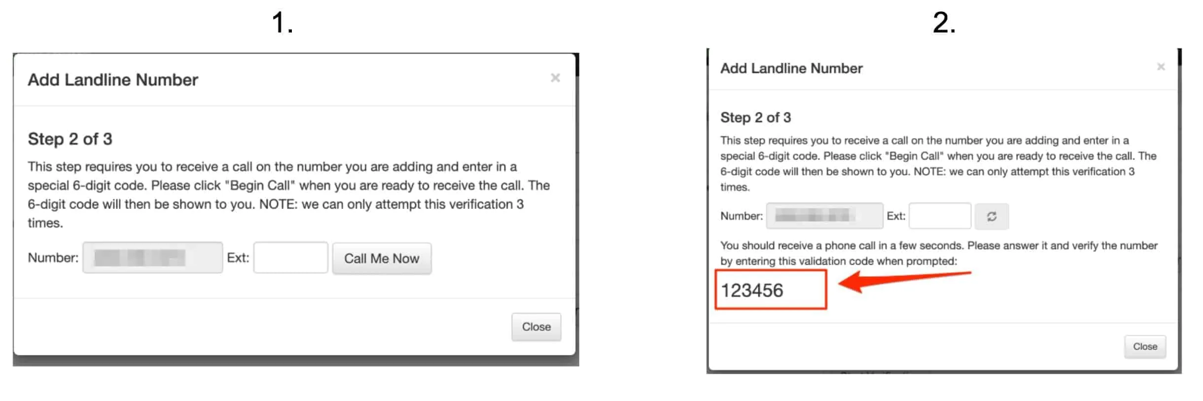 Call me now option for hosting phone number approval process