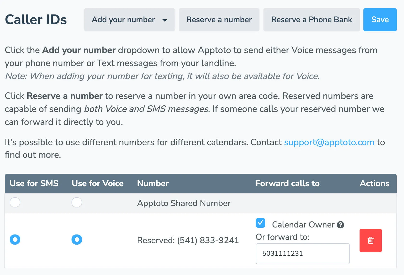 Under Caller IDs, set up a new reserved number or add your own for delivering calls and SMS messages