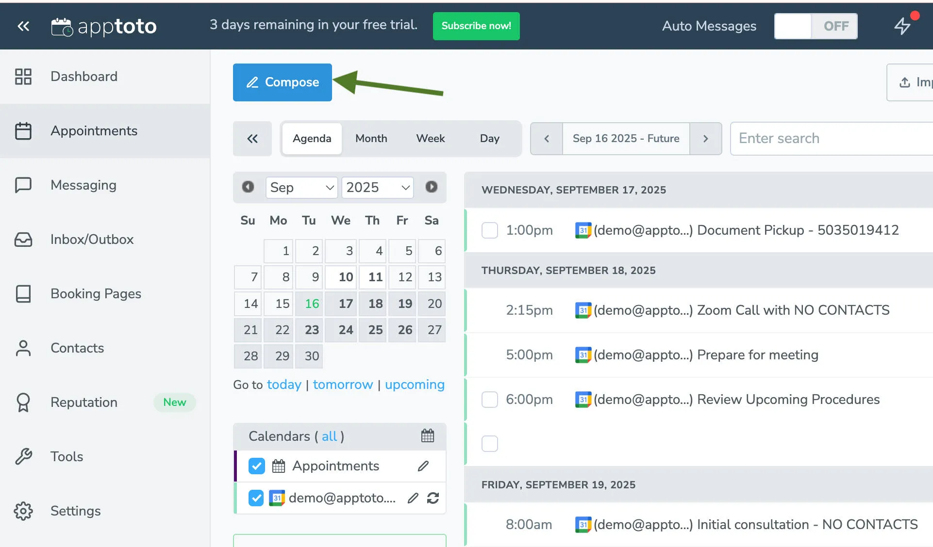 Compose a one-time message in Apptoto to anyone on Appointments tab