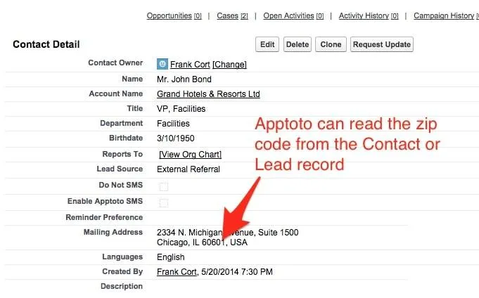 Apptoto determines timezone based on the address of a contact when contact matching is enabled.