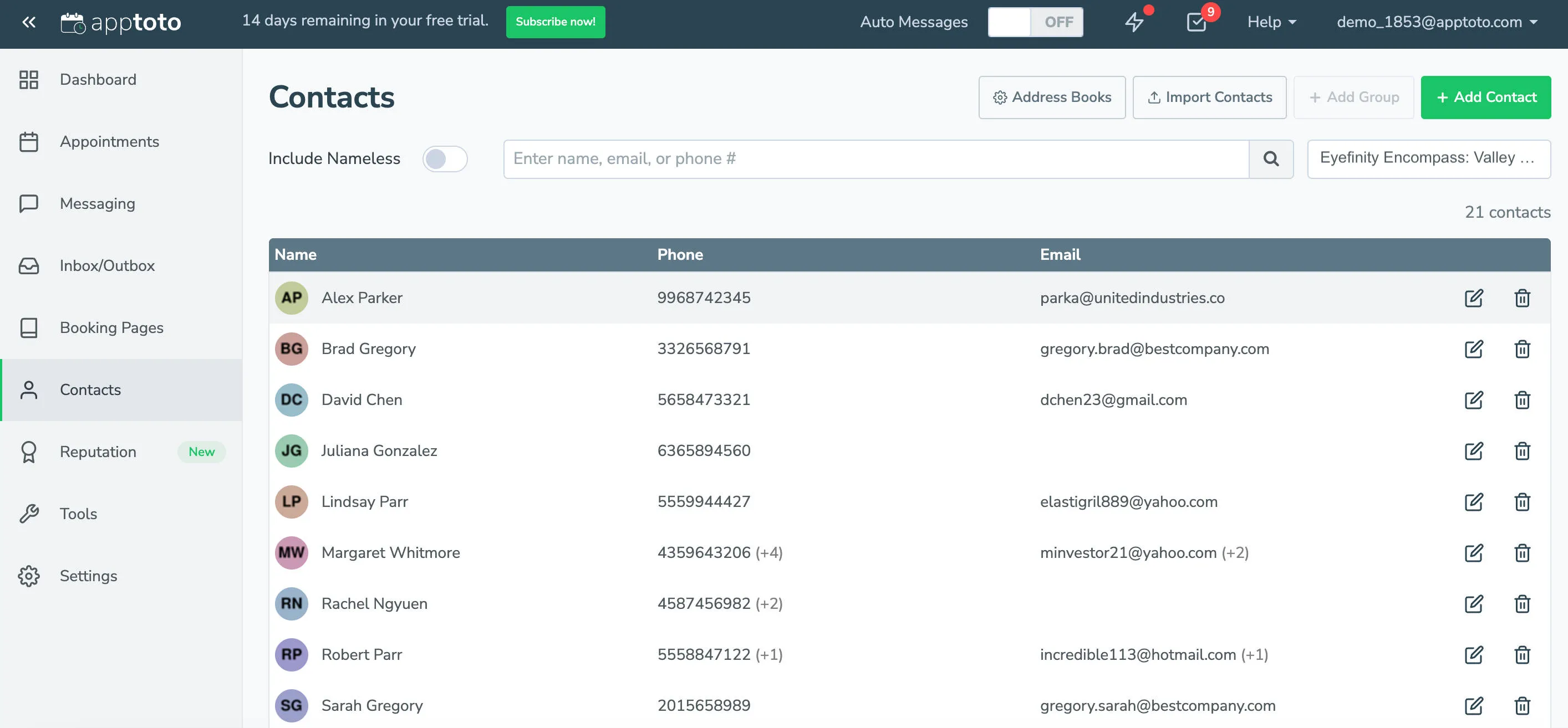 Eyefinity contacts will automatically sync into your Apptoto contacts tab