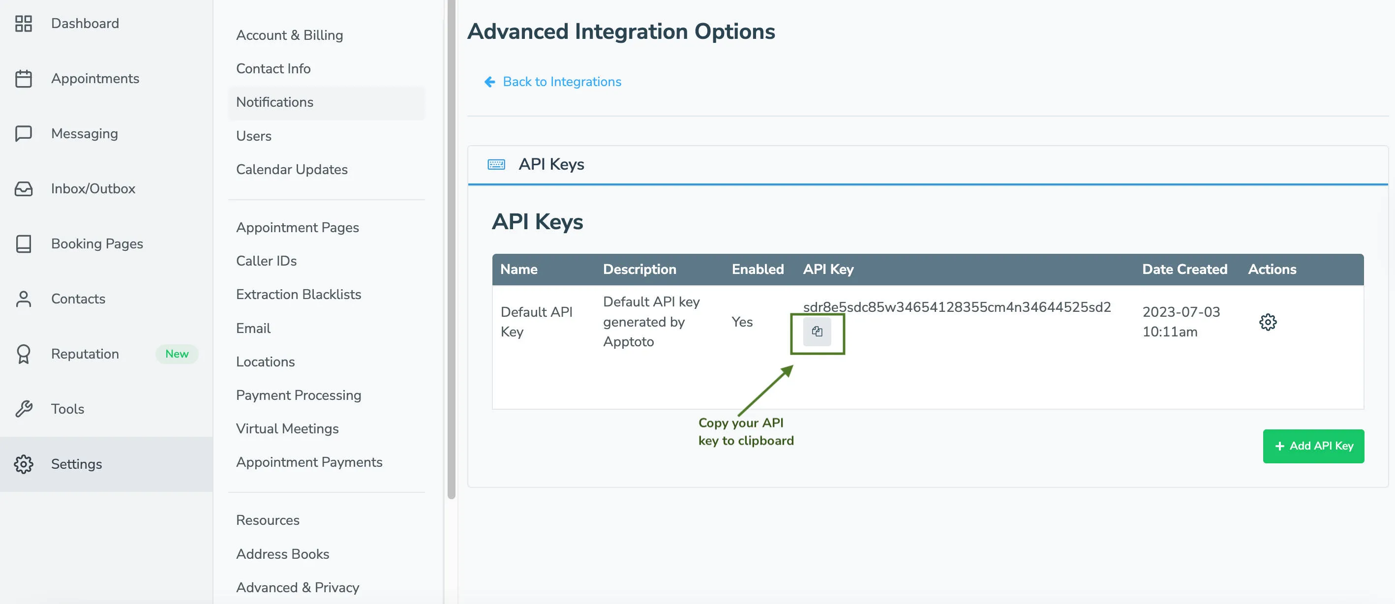 On the advanced integrations tab, find API keys, then click to copy yours using the two paper sheet icon
