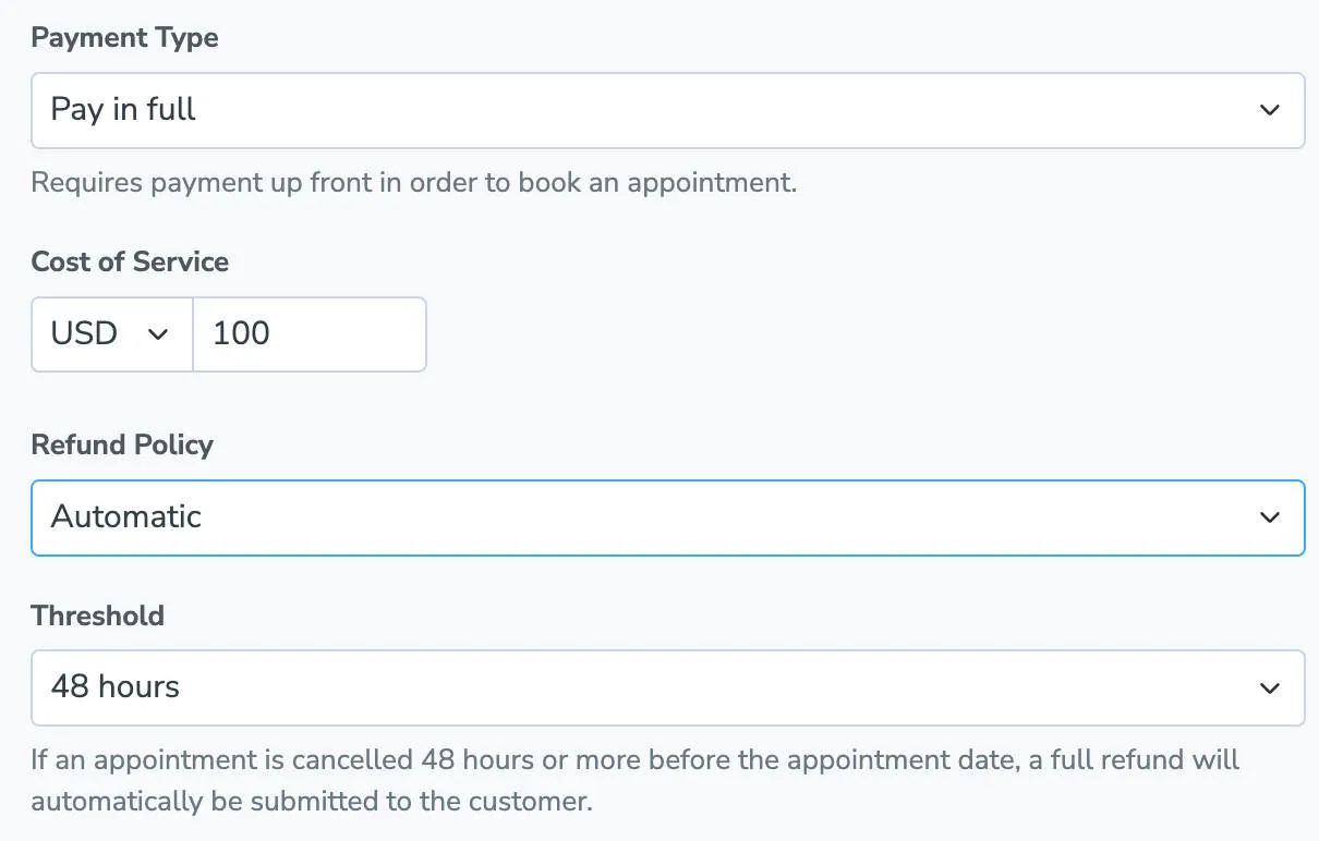 Set a cost of service when using the Pay In Full booking page payment requirement.