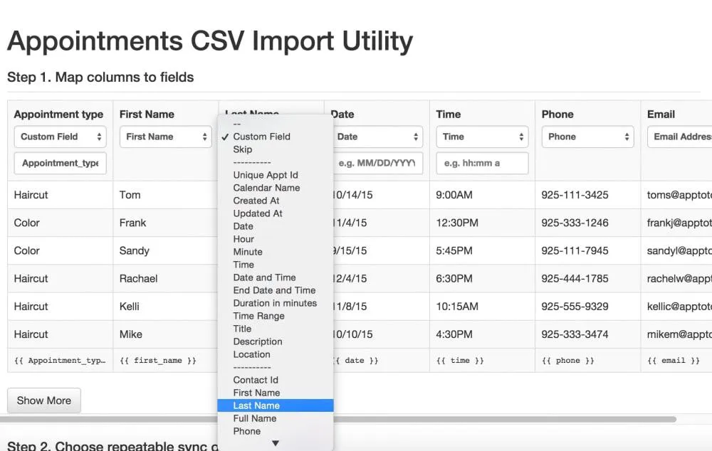 Apptoto data import table with column header dropdown