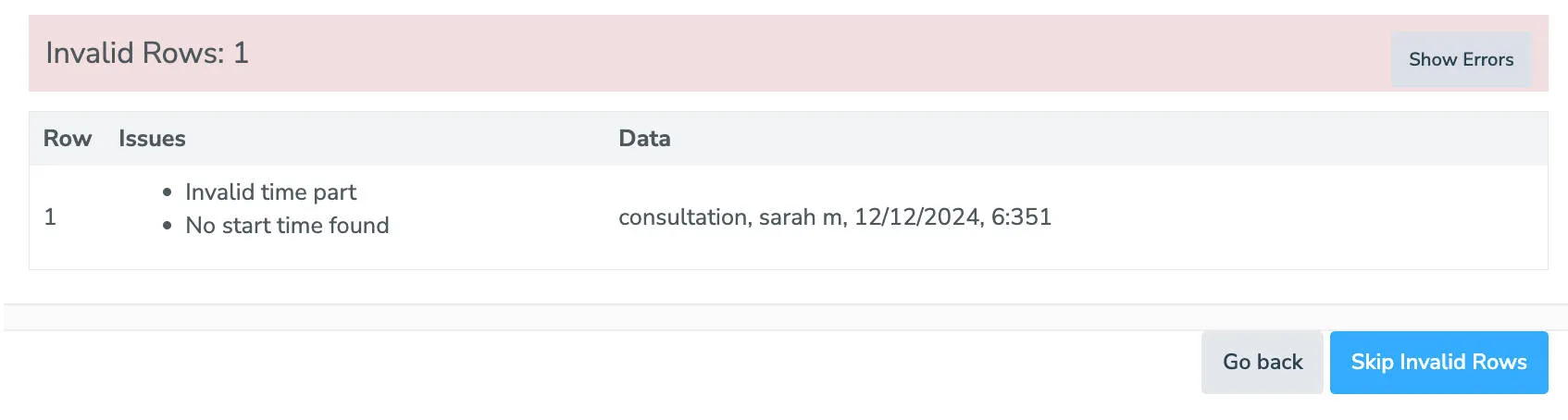 CSV import with error explanation displayed