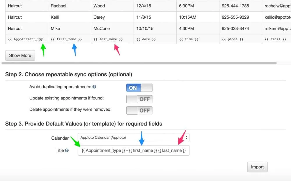 Settings controlling appointment title display from uploaded CSVs