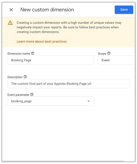 Add a new custom dimension to Google Analytics 4 to segment by Booking Page URL