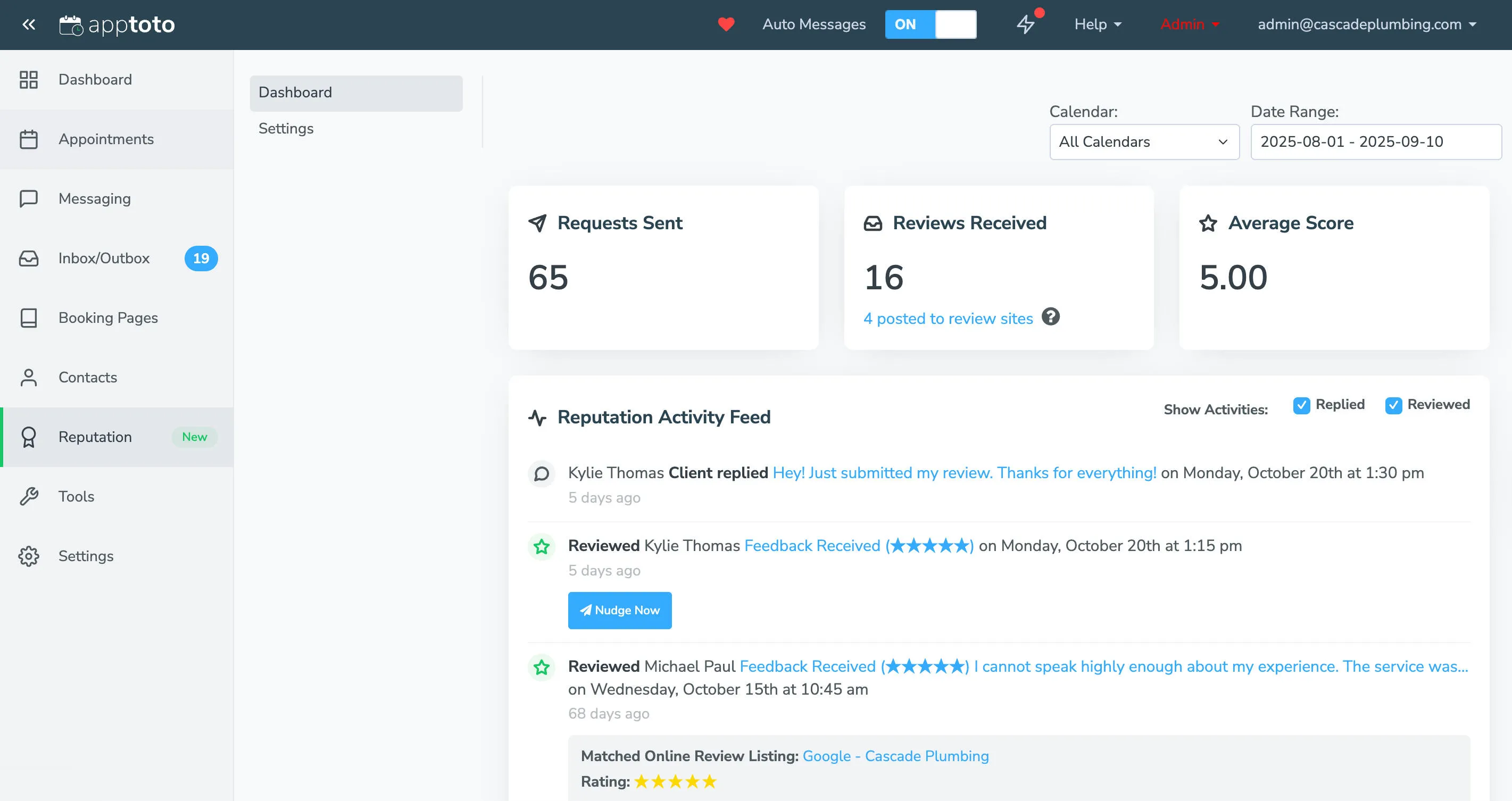 Reputation Management dashboard with review requests, ratings, and score aggregated.