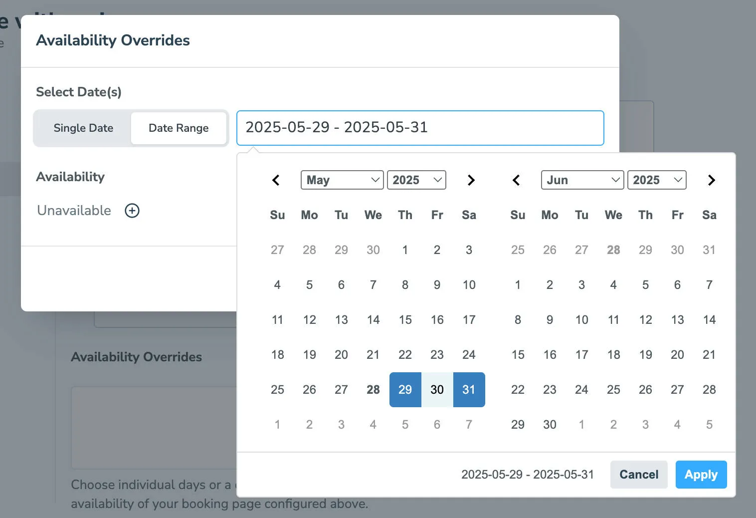 Select a single date or date range to set different availability hours