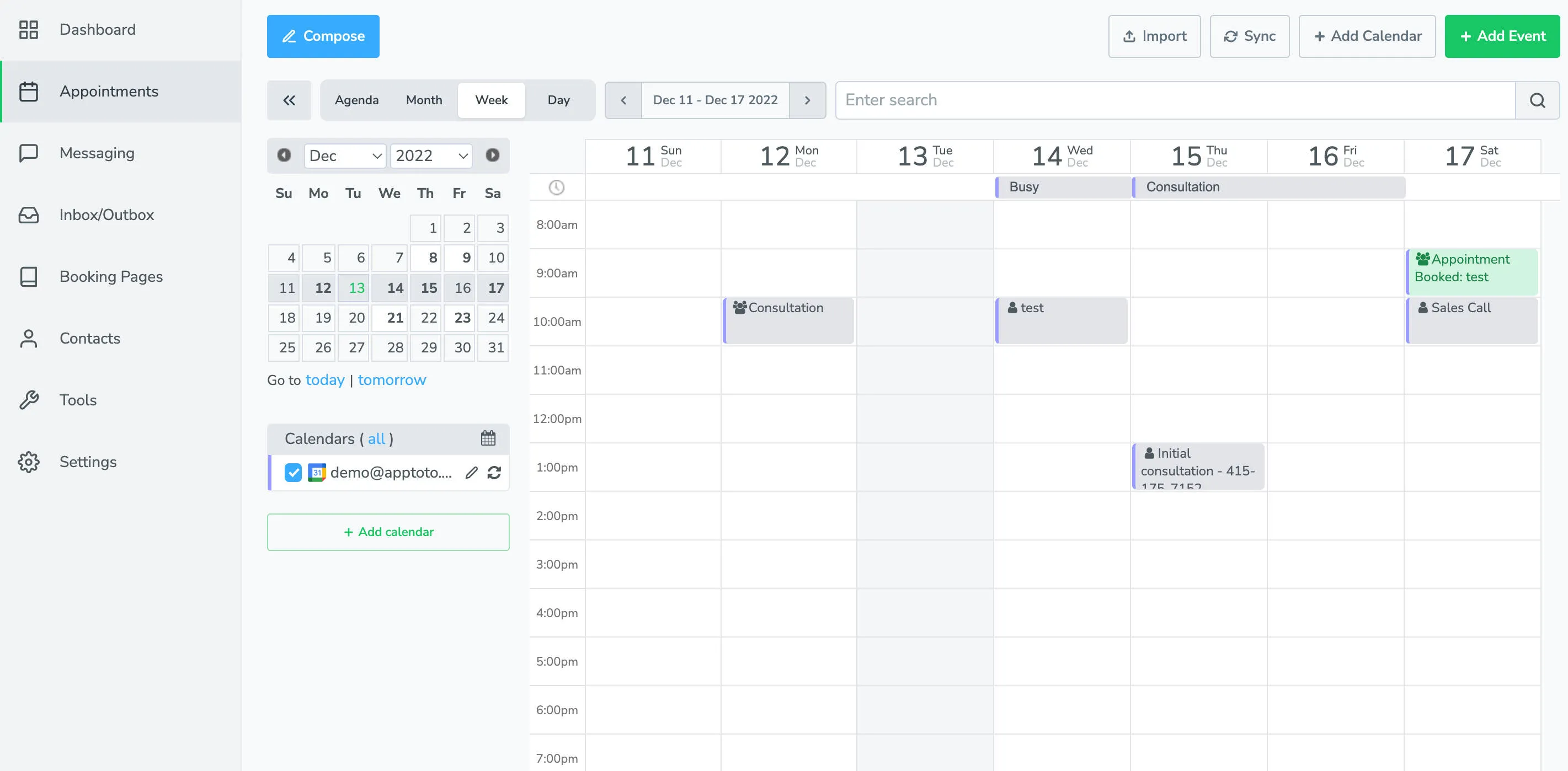 Apptoto's week view displaying one week's worth of appointments