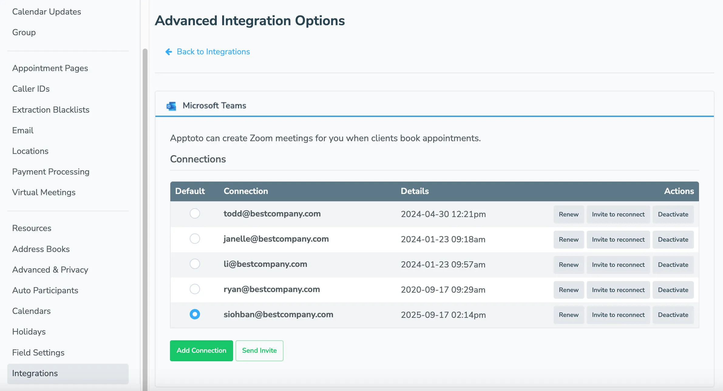 Choose which team member Apptoto will use as the default to create new Microsoft Teams meetings for via the Integrations tab.