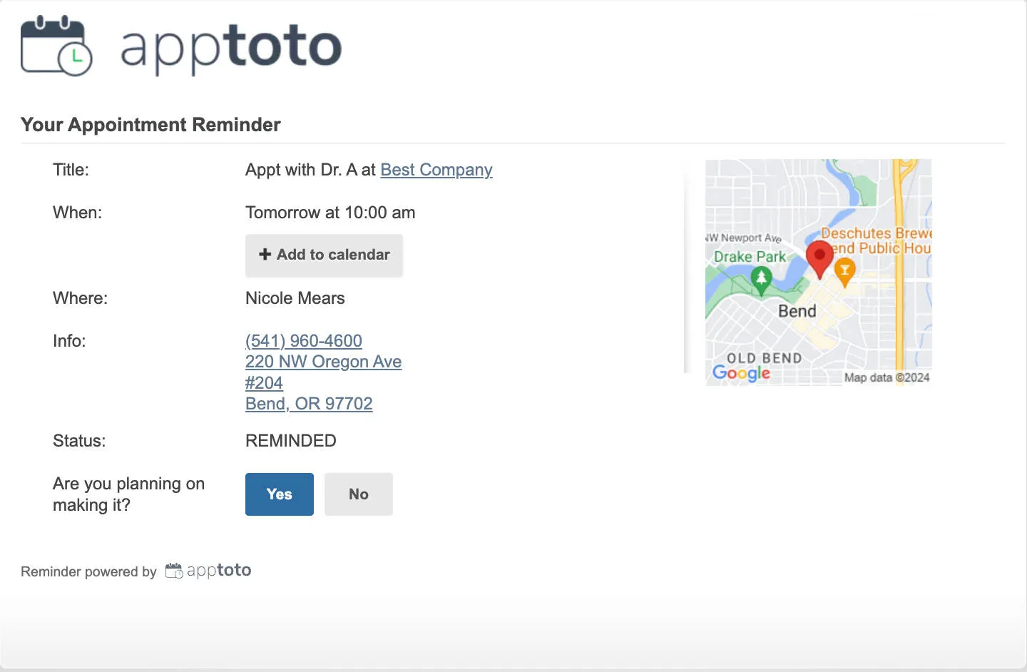 Desktop preview of appointment page with details of upcoming appointment